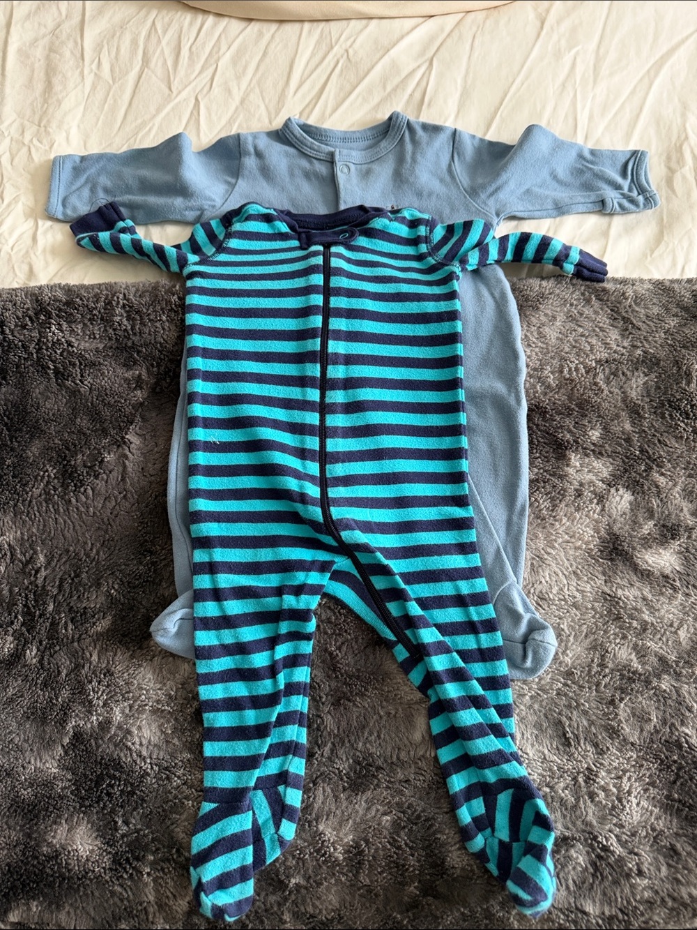 Set of 2 Blue Striped and Solid Blue Baby One-Piece Set